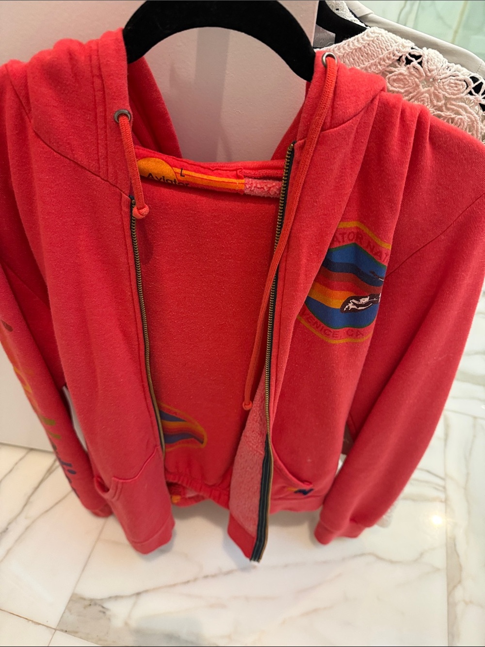 Aviator Nation Red Zip-Up Hoodie with Rainbow Stripe Logo